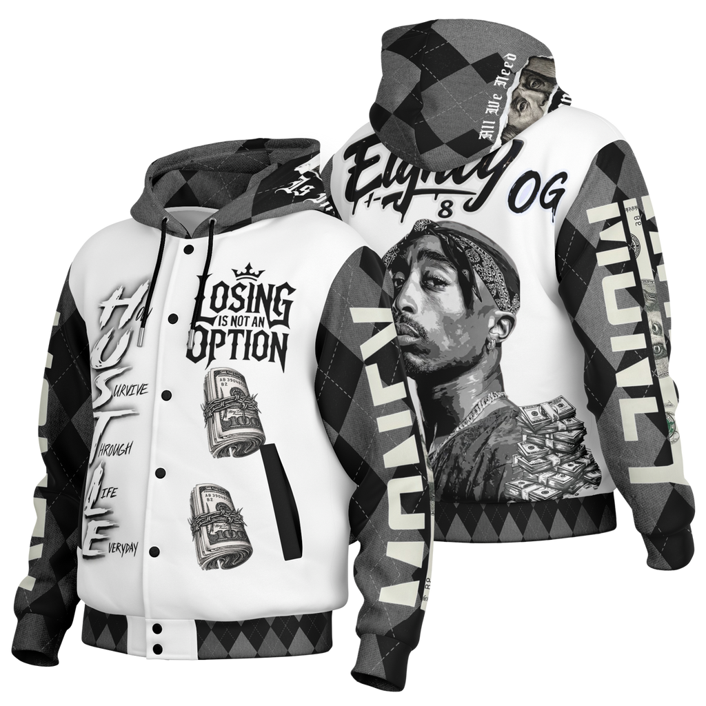 Big Hustle Hooded Baseball Jacket - AOP