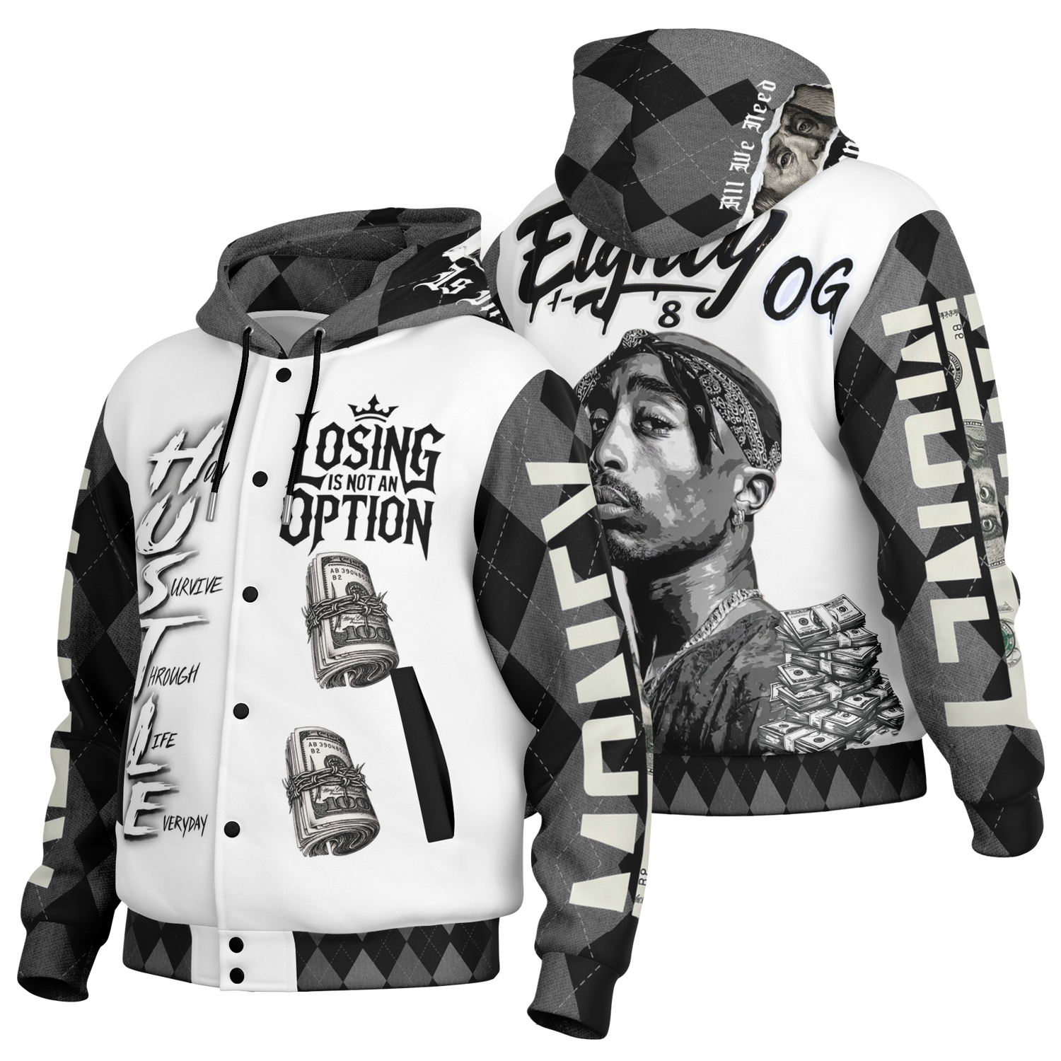 Big Hustle Hooded Baseball Jacket - AOP