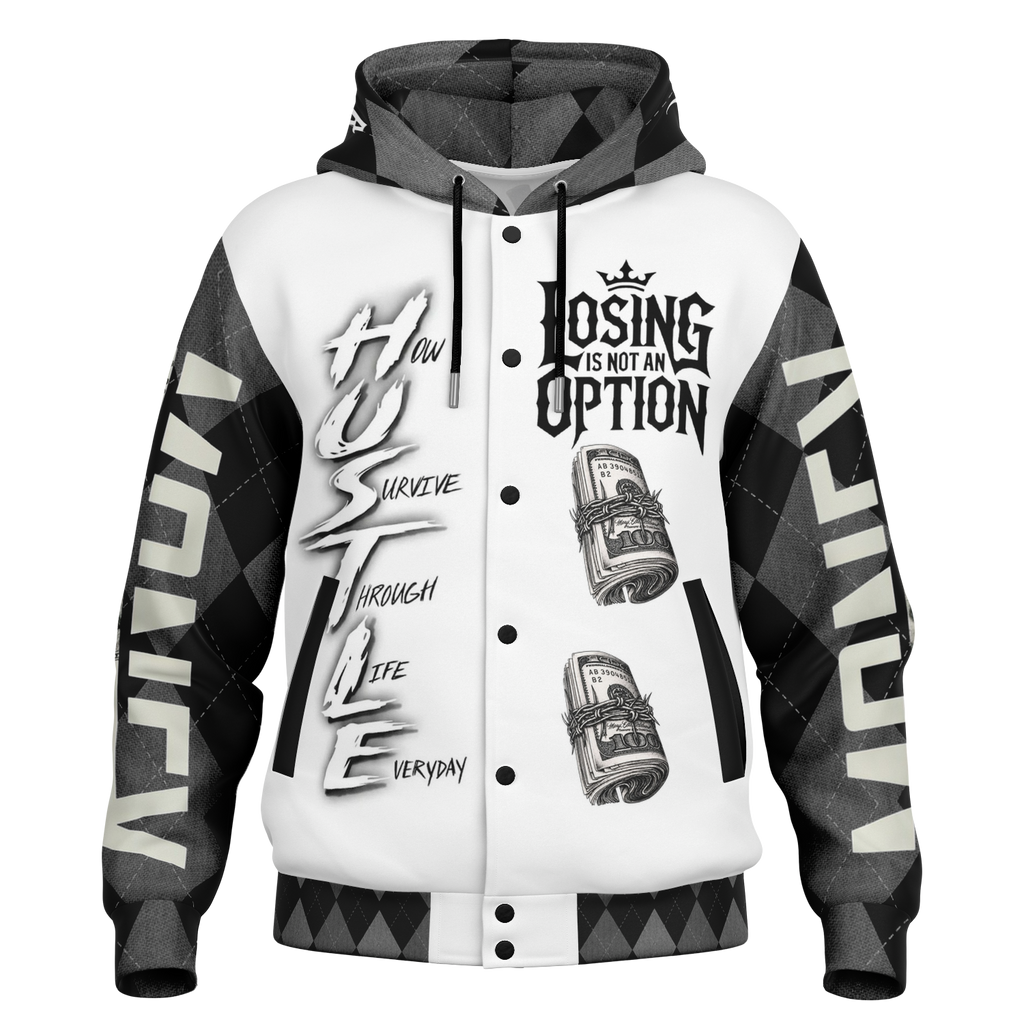 Big Hustle Hooded Baseball Jacket - AOP