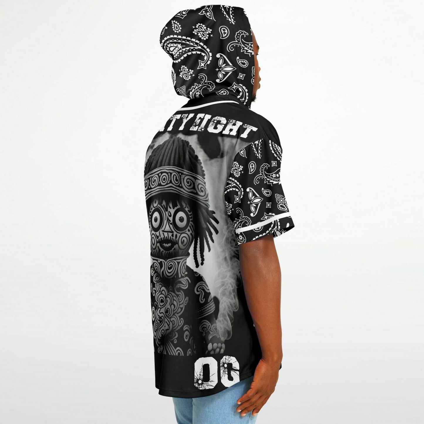 Hooded Baseball Jersey - AOP black paisley spirits