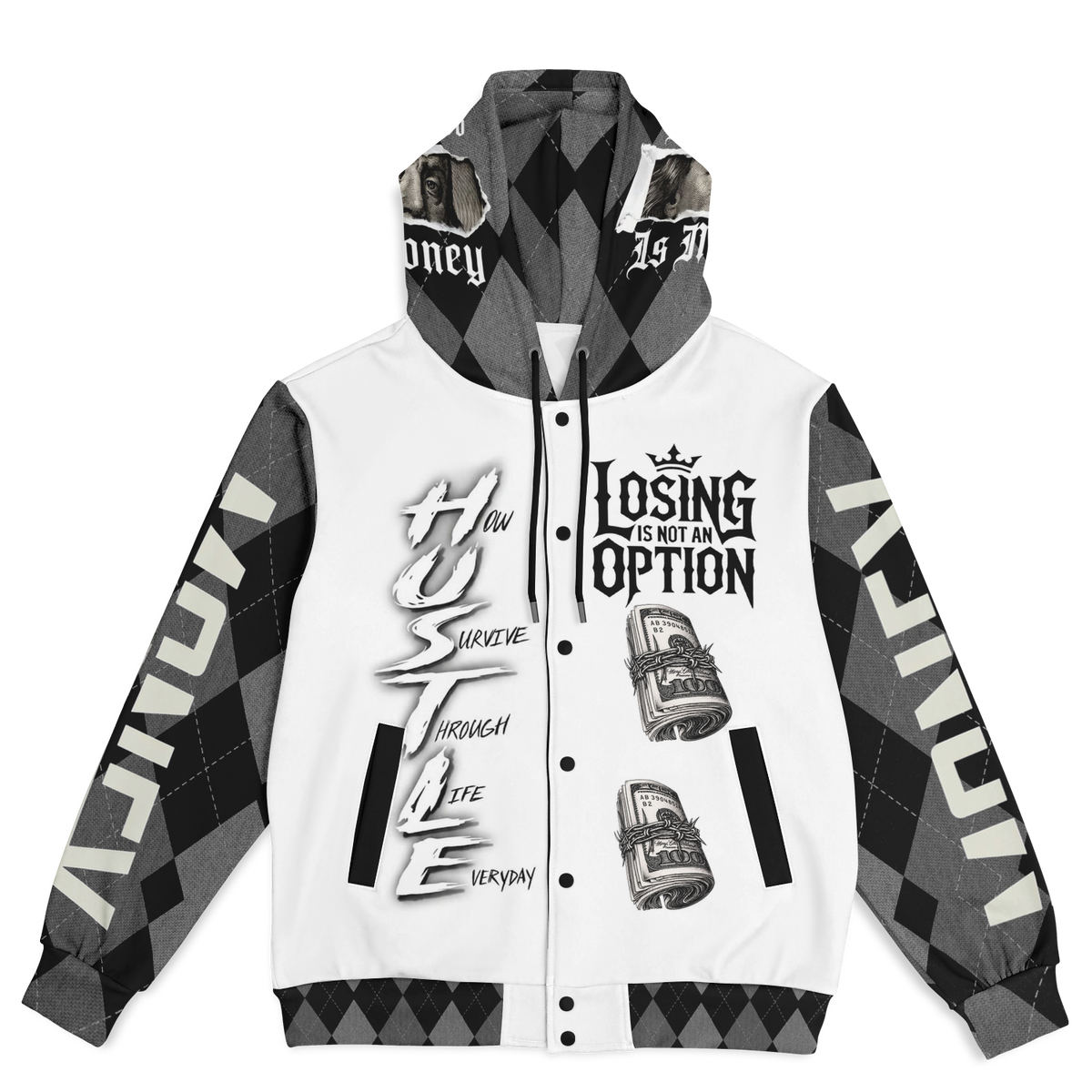Big Hustle Hooded Baseball Jacket - AOP
