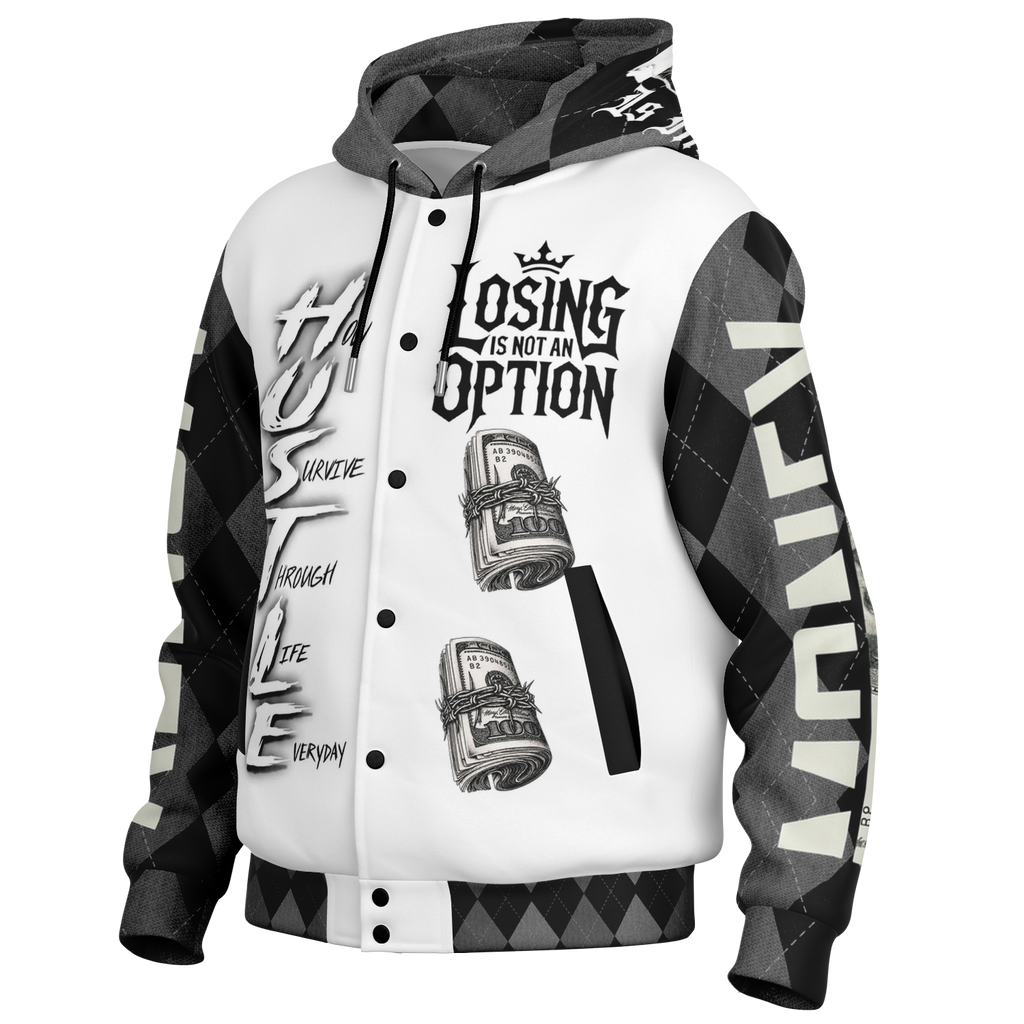 Big Hustle Hooded Baseball Jacket - AOP