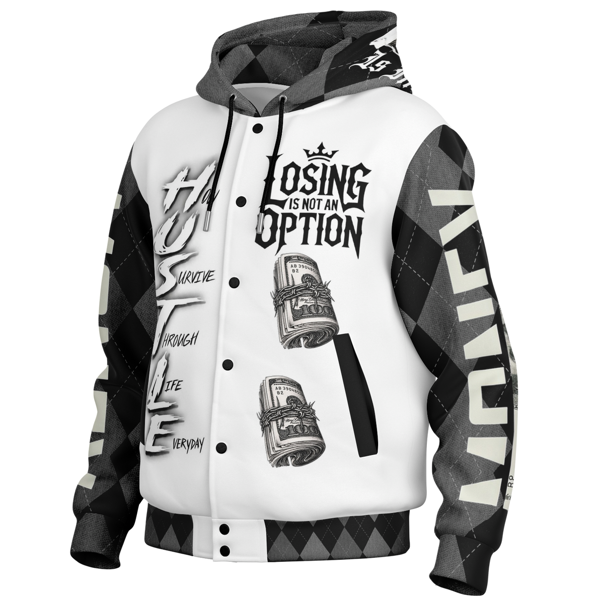 Big Hustle Hooded Baseball Jacket - AOP